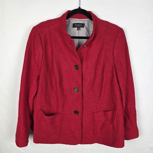 TALBOTS Women's Red Wool Blend Mock Neck Button Up Blazer Coat Size 14WP - Picture 1 of 7